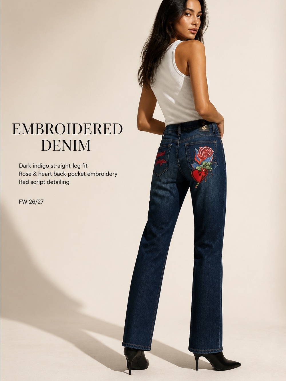 Christian Audigier Straight Leg Jeans with Red Crown Embroidery